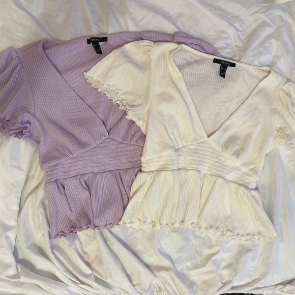 SOLD // Two Forever 21 V Neck Puffy Sleeves Peplum Tops - Picture 1 of 4